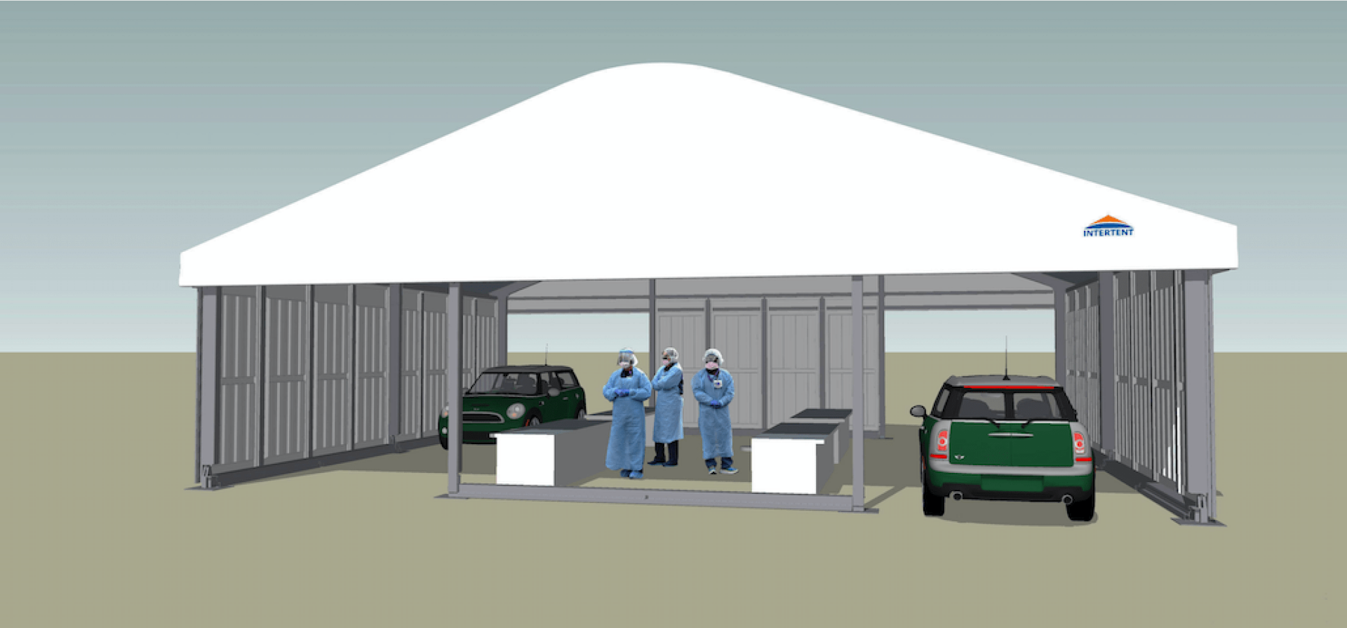 Drive-In-Teststation-für-Coronatests-COVID-19-3D-Skizze-Alu-Zelthalle-mit-2-Test-Durchfahrten-für-Landkreise-Städte-Gemeinden-und-Kliniken-von-intersettle-Zeltverleih-www.intersettle.de-