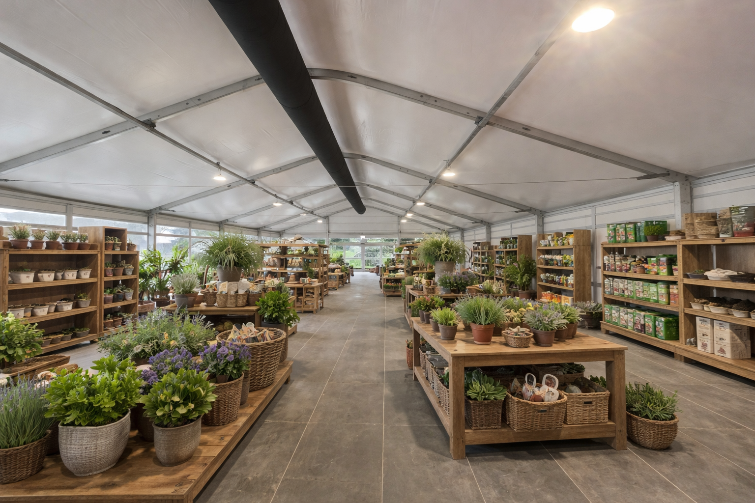 Temmporäre Gewerbehalle für Gartencenter - Verkaufshalle mit horizontalen Glaspaneelen und Klimanalage - Hallen von Intersettle Zeltverleih für Gewerbe, Industrie, Handel und Logistik