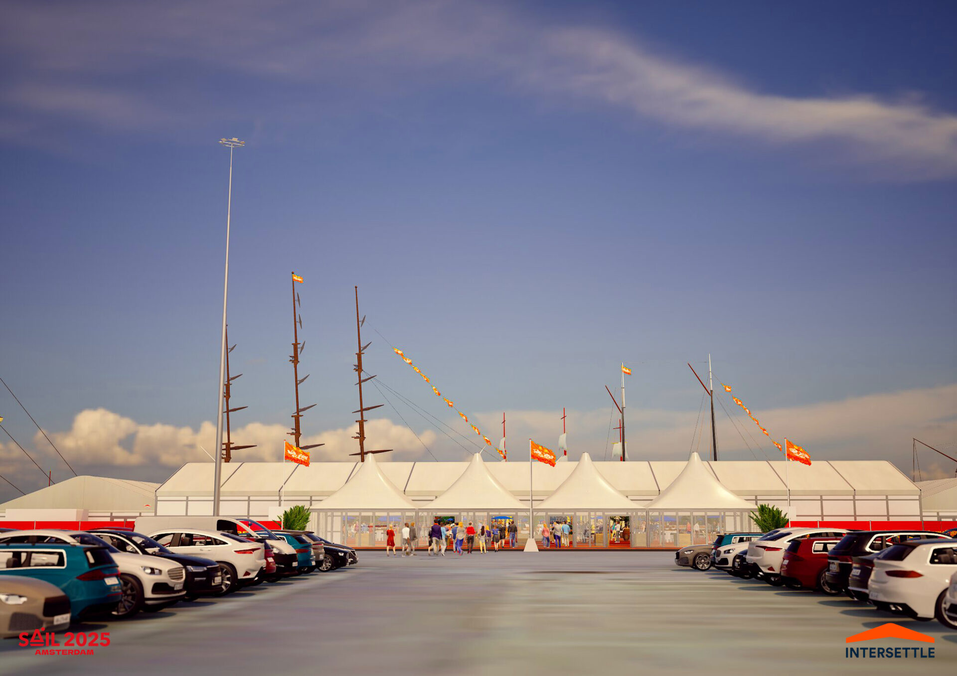 Grafik Eingangsbereich zu SAIL Villages für SAIL Amsterdam 2025 - Konzept Impressionen von Intersettle Zeltverleih für Sponsoren-Areas - Westhaven-1