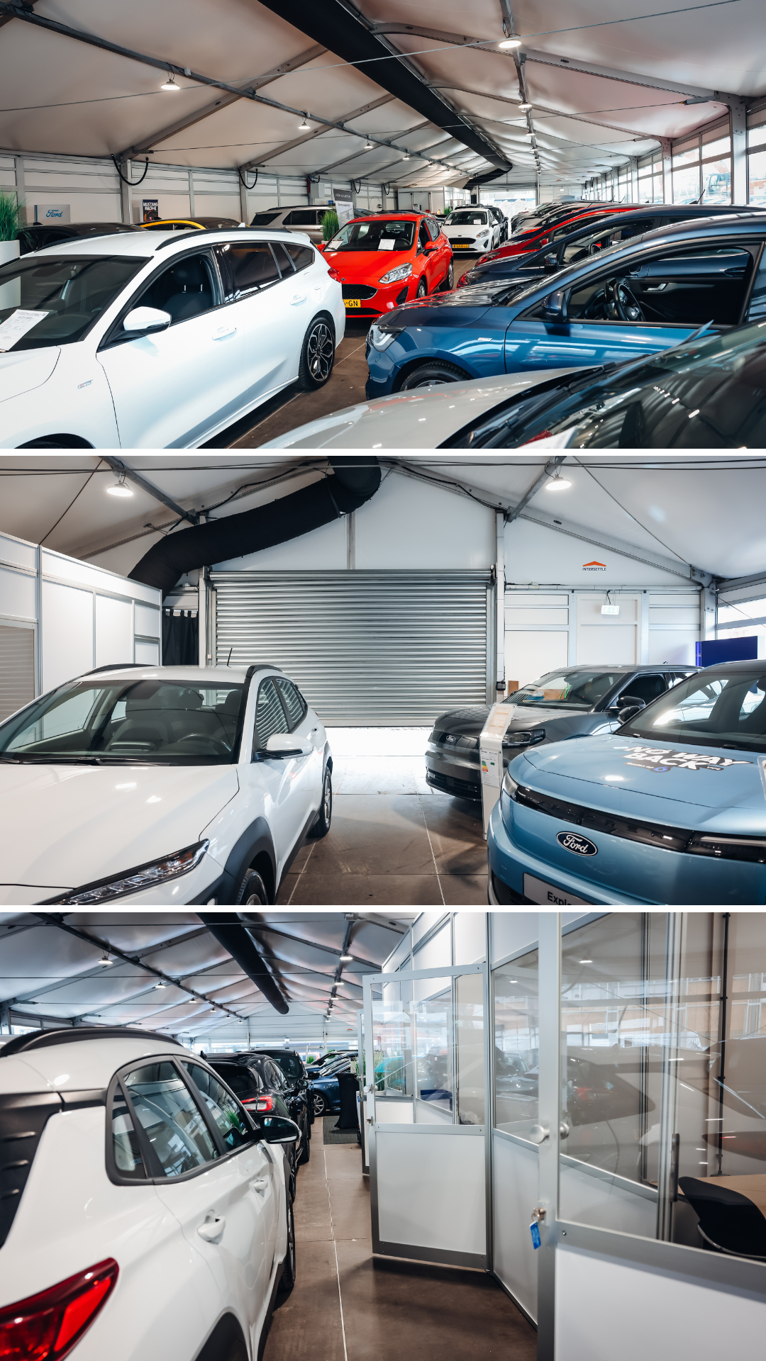 Showroom für Autopräsentation und Verkauf - Intersettle Zeltverleih für Gewerbe und Industrie - Zelthalle mit Rolltor, Schwerlastboden, Heizung- und Klimaanlage sowie Büros